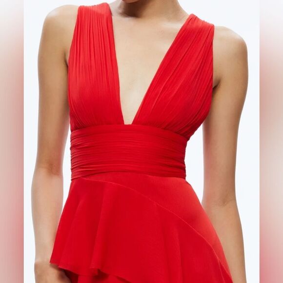 NWOT ALICE + OLIVIA Holly Low Neck Asymmetric Maxi Ruffle Dress Red Sz 6 - Picture 3 of 8